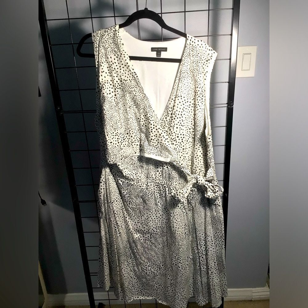 Lane Bryant plus size white and black polka dot faux wrap top dress EUC